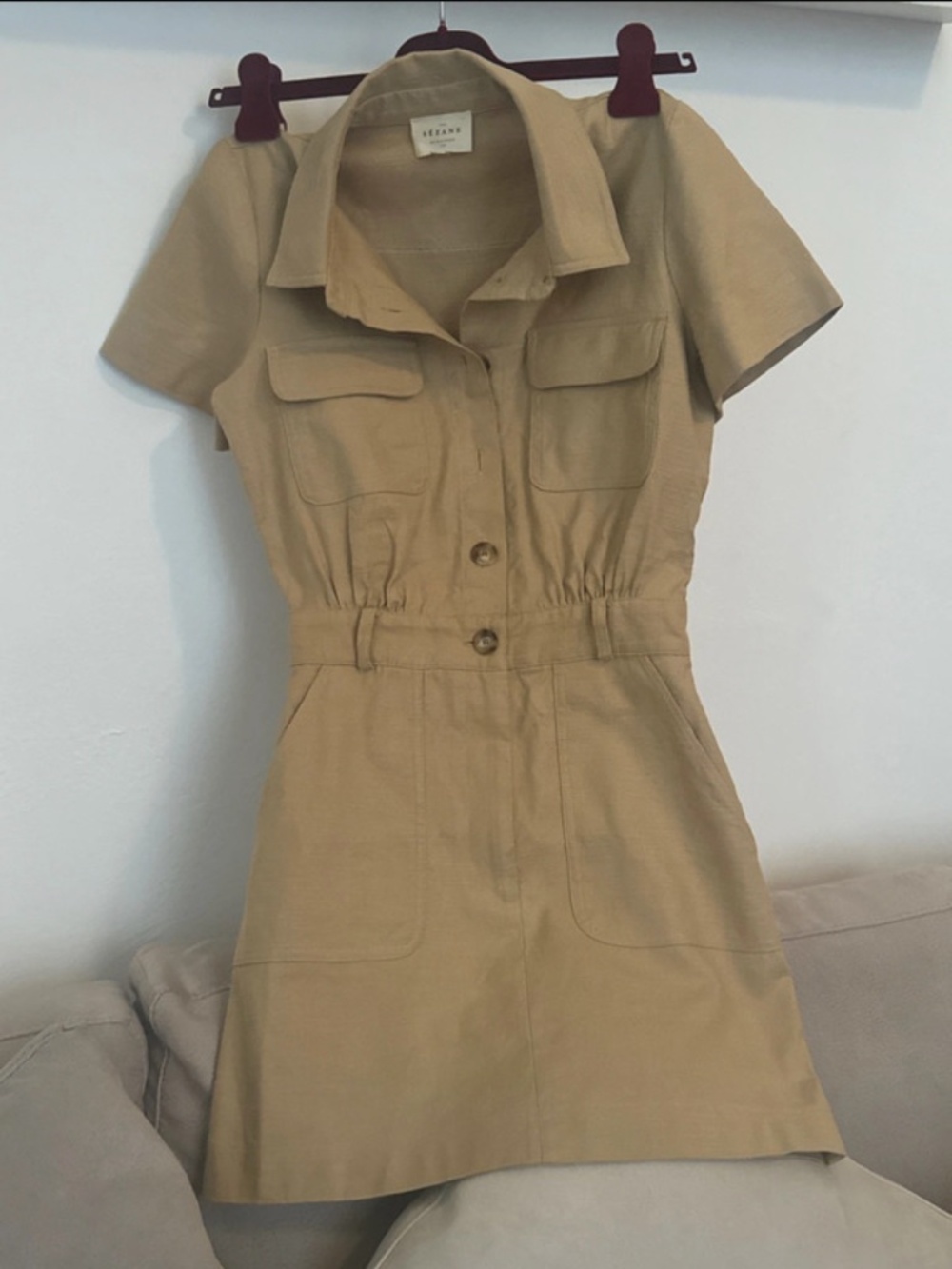 Sézane Oanelle Mini Shirt Dress - Light Beige / Tan, 34